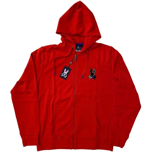 Psycho Bunny Men's Embroidered Leo Bunny Full Zip Hoodie Sweatshirt Red